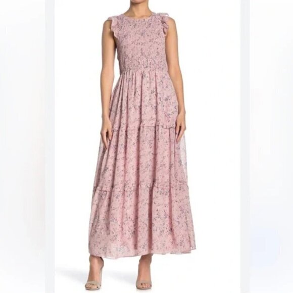 MELLODAY Dresses & Skirts - Melloday Rose Pink Floral Maxi Dress Smocked Tiered Lined Size Large L EUC